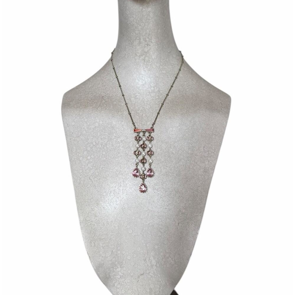 Betsey Johnson Pink Crystal Pearl Drop Necklace Gold Tone Marked Faux Pearl - Picture 2 of 13